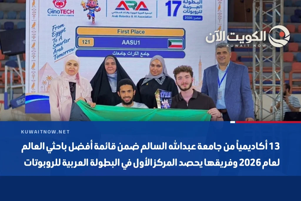 13 أكاديمياً من جامعة عبدالله السالم ضمن قائمة أفضل باحثي العالم لعام 2026 وفريقها يحصد المركز الأول في البطولة العربية للروبوتات